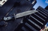 Авторский нож Боуи (сложный мозаичный дамаск, рог буйвола, скрим шоу, формованные ножны), фото 6