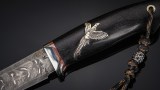 Авторский нож Фазан (мозаичный дамаск, нейзильбер, стабилизированный чёрный граб, инкрустация - фазан, темлячный мозаичный пин), фото 4