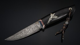 Авторский нож Фазан (мозаичный дамаск, нейзильбер, стабилизированный чёрный граб, инкрустация - фазан, темлячный мозаичный пин)
