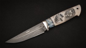 Авторский нож Пираты карибского моря (сложный мозаичный дамаск, зуб мамонта, клык моржа, формованные ножны)