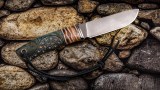 Авторский нож Сафари (М390, стабилизированный корень карельской берёзы, вставка - зуб мамонта, больстер-титан, резная рукоять), фото 15