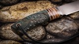 Авторский нож Сафари (М390, стабилизированный корень карельской берёзы, вставка - зуб мамонта, больстер-титан, резная рукоять), фото 11