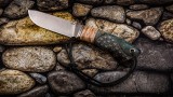 Авторский нож Сафари (М390, стабилизированный корень карельской берёзы, вставка - зуб мамонта, больстер-титан, резная рукоять), фото 14