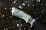 Авторский нож Шаман (сложный мозаичный дамаск, зуб мамонта, клык моржа, формованные ножны, скрим шоу), фото 11