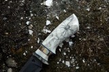 Авторский нож Шаман (сложный мозаичный дамаск, зуб мамонта, клык моржа, формованные ножны, скрим шоу), фото 12
