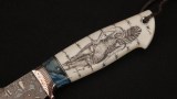 Авторский нож Скорпион (сложный мозаичный дамаск, макуме ганна, стабилизированный зуб мамонта, клык моржа, скрим шоу - девушка, формованные ножны), фото 3
