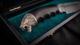 Авторский нож Тайга (дамаск 5000 слоёв-камень, чёрный граб, литьё мельхиор), фото 11