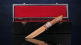 Авторский нож Ветка сакуры (сложный ламинат, макуме гана, стабилизированный зуб мамонта, айронвуд, серебро, золото), фото 4