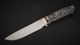 Нож Барс (S125V, стабилизированный зуб мамонта, стабилизированный чёрный граб, инкрустация рысь, формованные ножны)