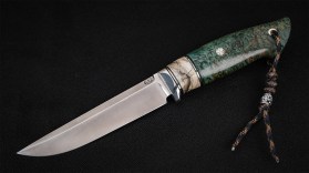 Нож Бекас (М390, нейзильбер, вставка - стабилизированный зуб мамонта, стабилизированная карельская берёза зелёная, мозаичные пины)