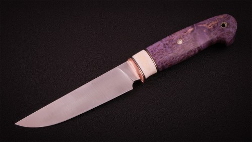 Нож Леший (S390, вставка - клык моржа, стабилизированная карельская береза, мозаичные пины)