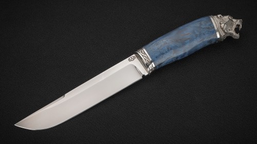 Нож Медведь (ELMAX, стабилизированная карельская берёза синяя, литьё мельхиор)
