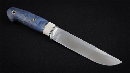 Нож Медведь (S390, вставка - клык моржа, стабилизированная карельская береза, мозаичные пины)