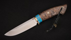 Нож Охотник (S390, вставка - кориан, стабилизированная карельская береза, мозаичные пины)