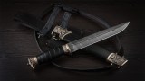 Пластунский нож (дамаск, чёрный граб, авторское литьё-бронза, деревянные ножны), фото 7